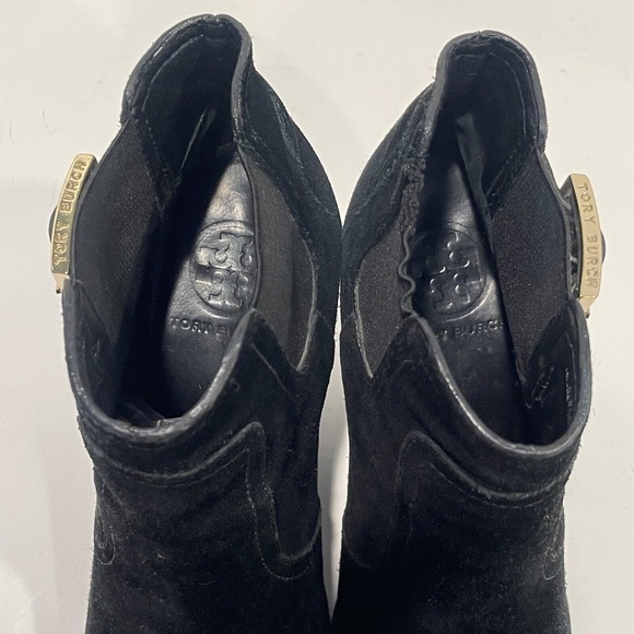 Tory Burch Adrienne Chelsea Boots 7.5 Gold Buckle Black Suede Leather Wedge Heel - Picture 10 of 12